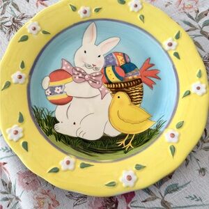 : Easter Bunny & Chick Decorative Ceramic Plate 8" Yellow Floral